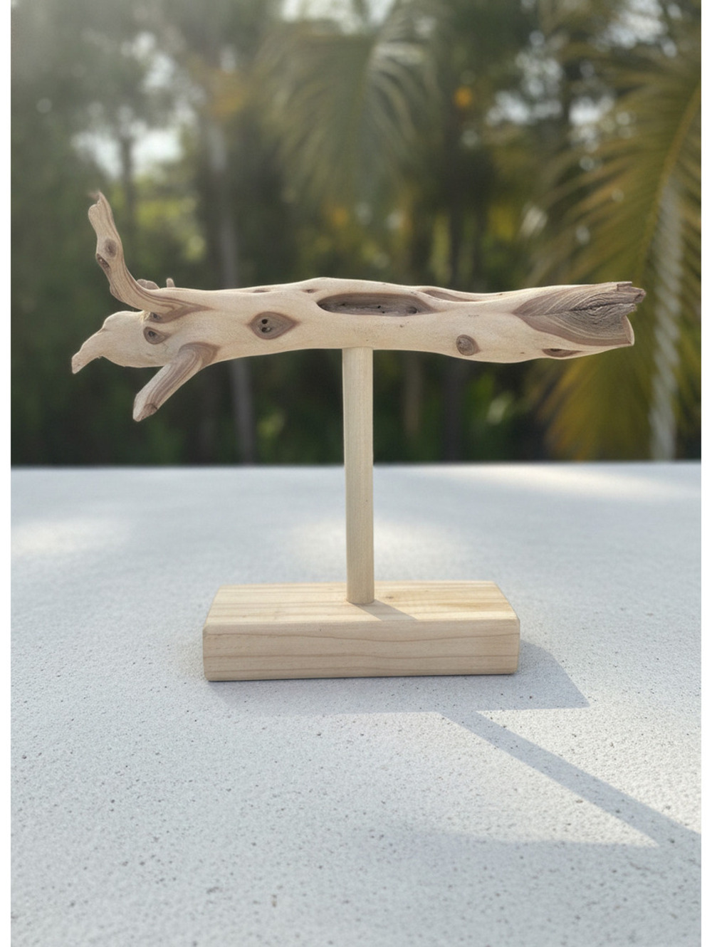 Handcrafted Driftwood Sculpture on Wooden Stand – Natural Decorative Art Piece